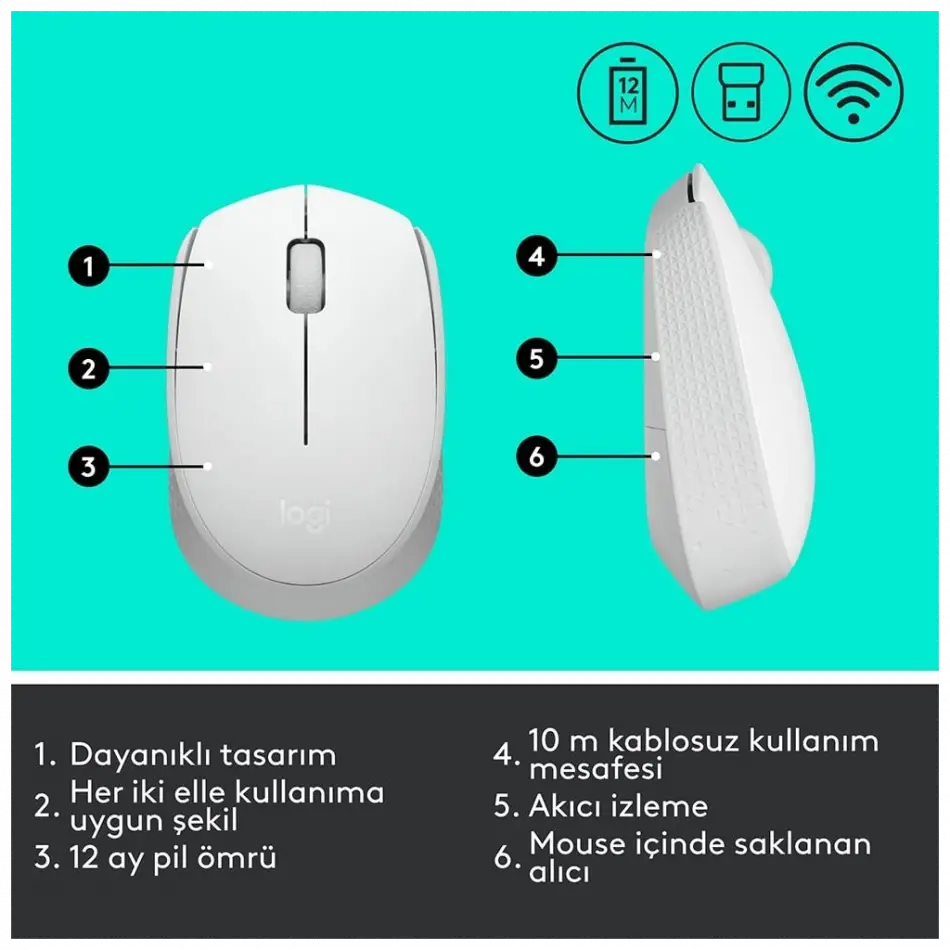 Logıtech 910-006867, M171 White, Usb Nano 2,4g Kablosuz, 1000dpi, Optik, 3 Tuşlu, 12ay Pil Ömrü, Mouse