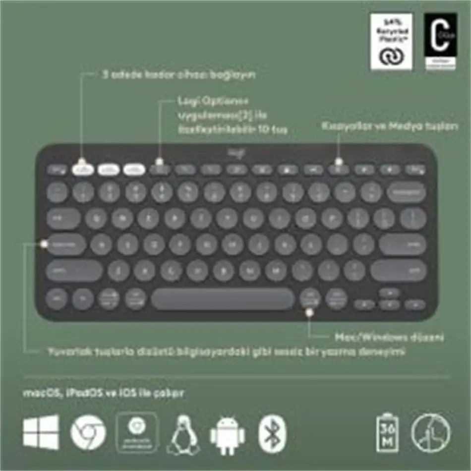 Logıtech K380s Pebble Keys 2 Çoklu Cihaz Özellikli Bluetooth Türkçe Q Klavye Gri 920-011859
