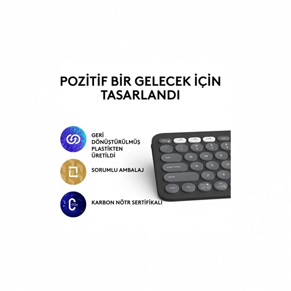 Logıtech K380s, Pebble Keys 2,  Siyah, 920-011859, Bluetooth, Türkçe, Q, Multimedya, Mini Klavye