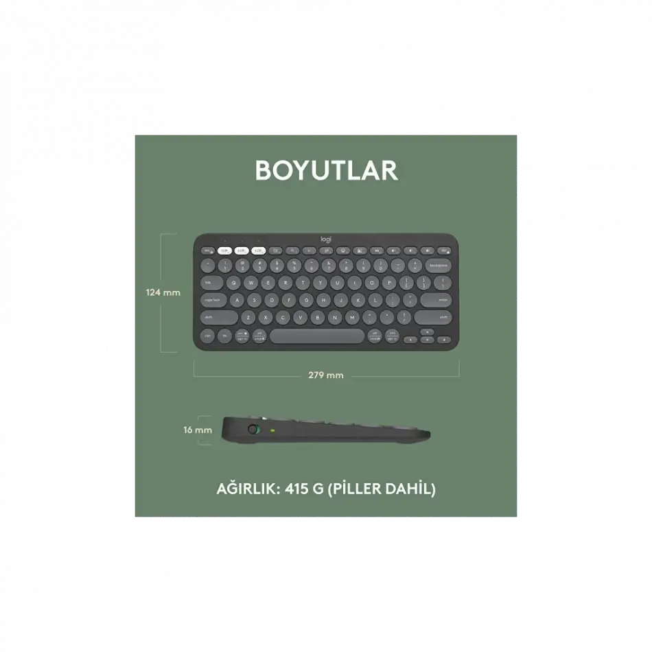 Logıtech K380s, Pebble Keys 2,  Siyah, 920-011859, Bluetooth, Türkçe, Q, Multimedya, Mini Klavye