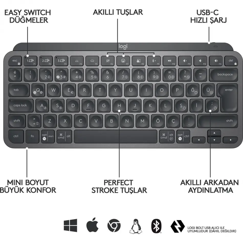 Logıtech Mx Keys Mını Mınımalıst Kablosuz Bluetooth Aydınlatmalı Q Tr Klavye Siyah 920-010504