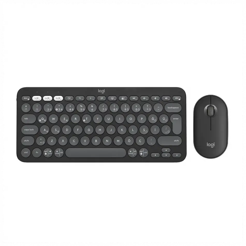 Logıtech Pebble 2 Combo, Grafit, 920-012245, Bluetooth, Türkçe, Q, Multimedya, Mini Klavye Mouse Set