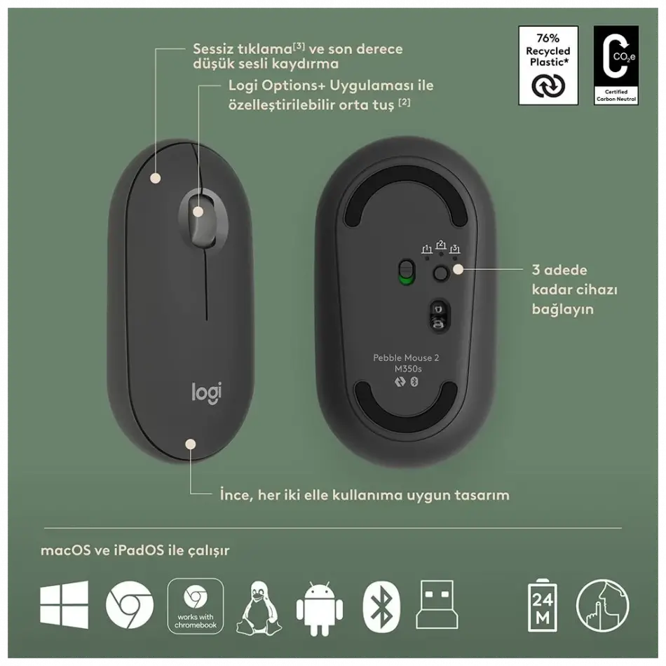 Logıtech Pebble 2 Combo, Grafit, 920-012245, Bluetooth, Türkçe, Q, Multimedya, Mini Klavye Mouse Set