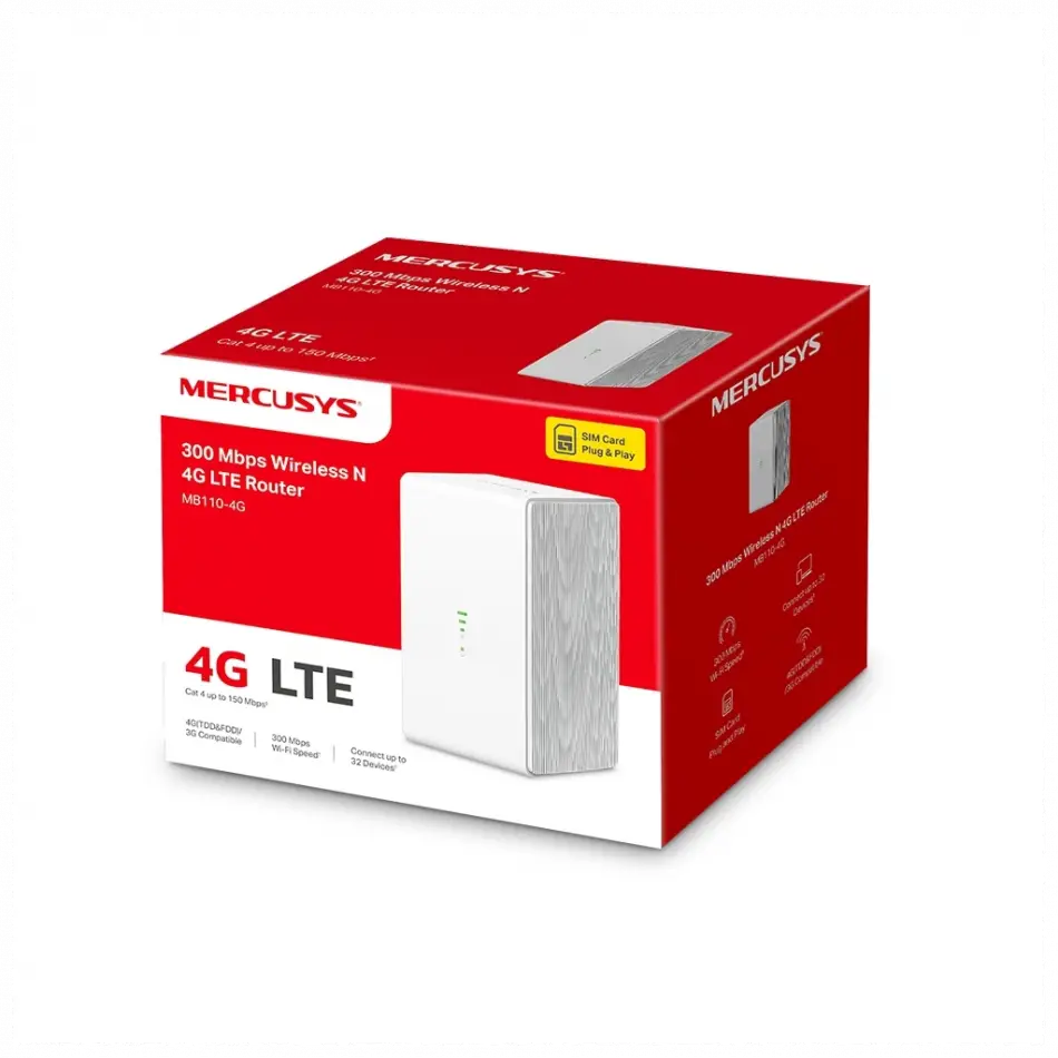 Mercusys Mb110-4g, N300, 2port, 300mbps, Sim Kart Yuvalı, 4g-lte, Router