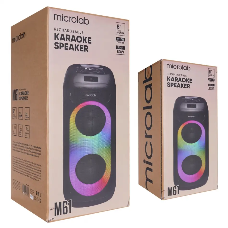 Mıcrolab M61, 80w, Taşınabilir, Bt/usb/aux/tf/tws, Rgb Işıklı, 2400mah Batarya, 2adet Vhf Mikrofon, Karaoke/parti, Bluetooth Speaker,