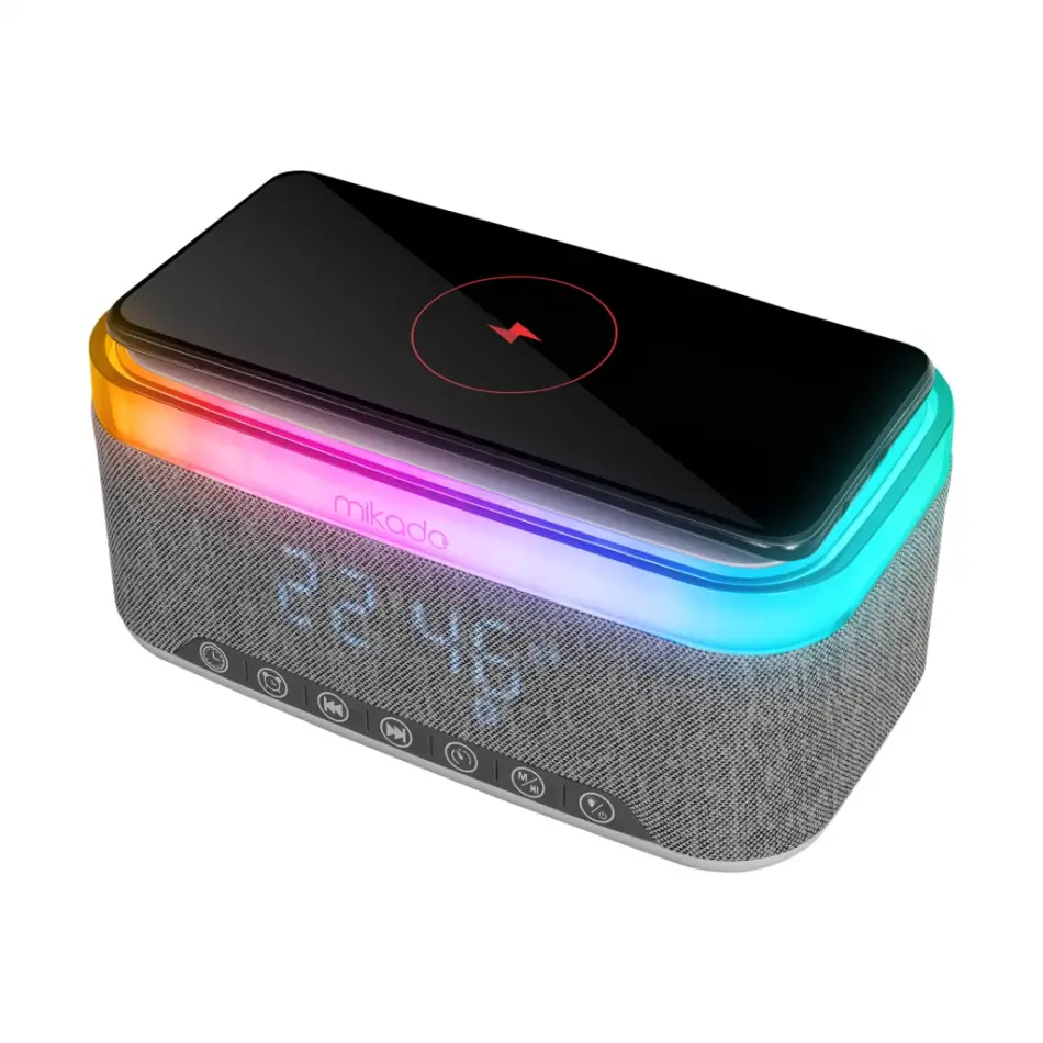 Mıkado Md-w8, 10w, Taşınabilir, Usb/type-c/bt/tf, Rgb Işıklı, 1200mah, 15w Kablosuz Şarj, Gece Lambası, Alarmlı Saat, Bluetooth Speaker