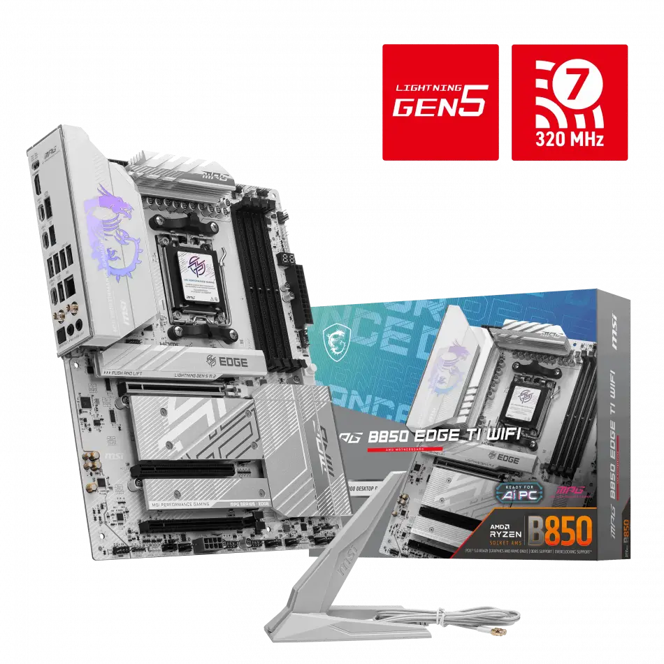 Msı Mpg B850 Edge Tı Wıfı Am5 Ddr5 8400mhz(oc) Hdmı 4x M.2 Usb 10gbs 5g Lan Wı-fı 7 Atx