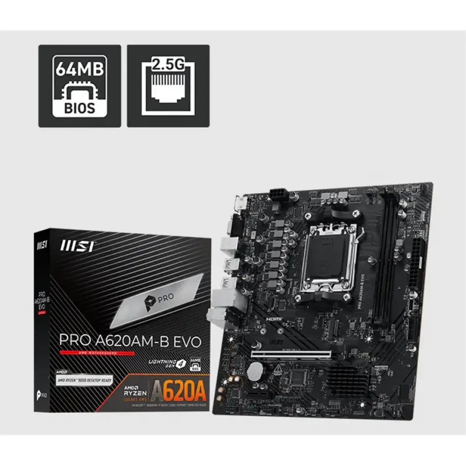 Msı Pro A620am-b Evo Ddr5 6800mt/s 1xhdmı 1xvga 1xm.2 Usb Matx Am5 (amd Am5 9000/8000/7000 Seri İle Uyumlu)