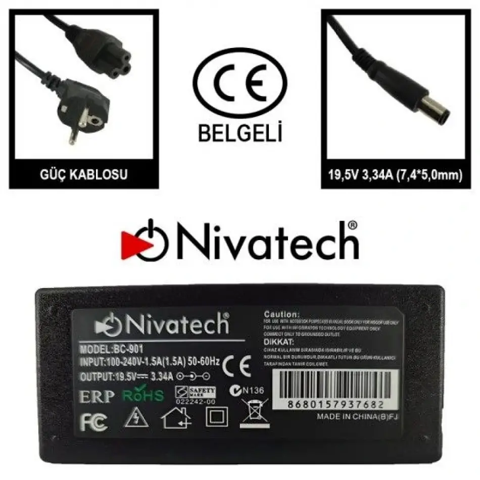Nivatech Bc901 Dell 19,5v 3,34a (7,4*5,0mm) Adaptö