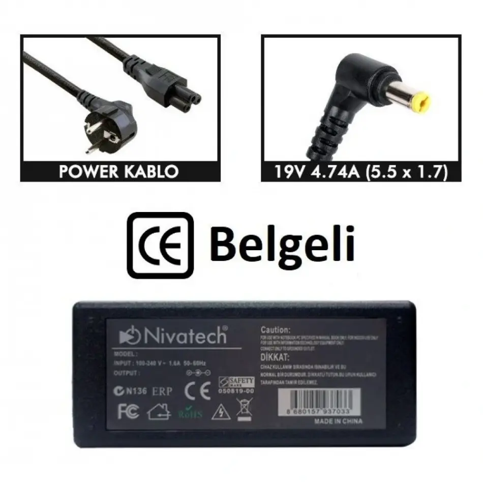 Nivatech Bc943 Acer 19v 4,74a (5,5*1,7mm) Adaptör