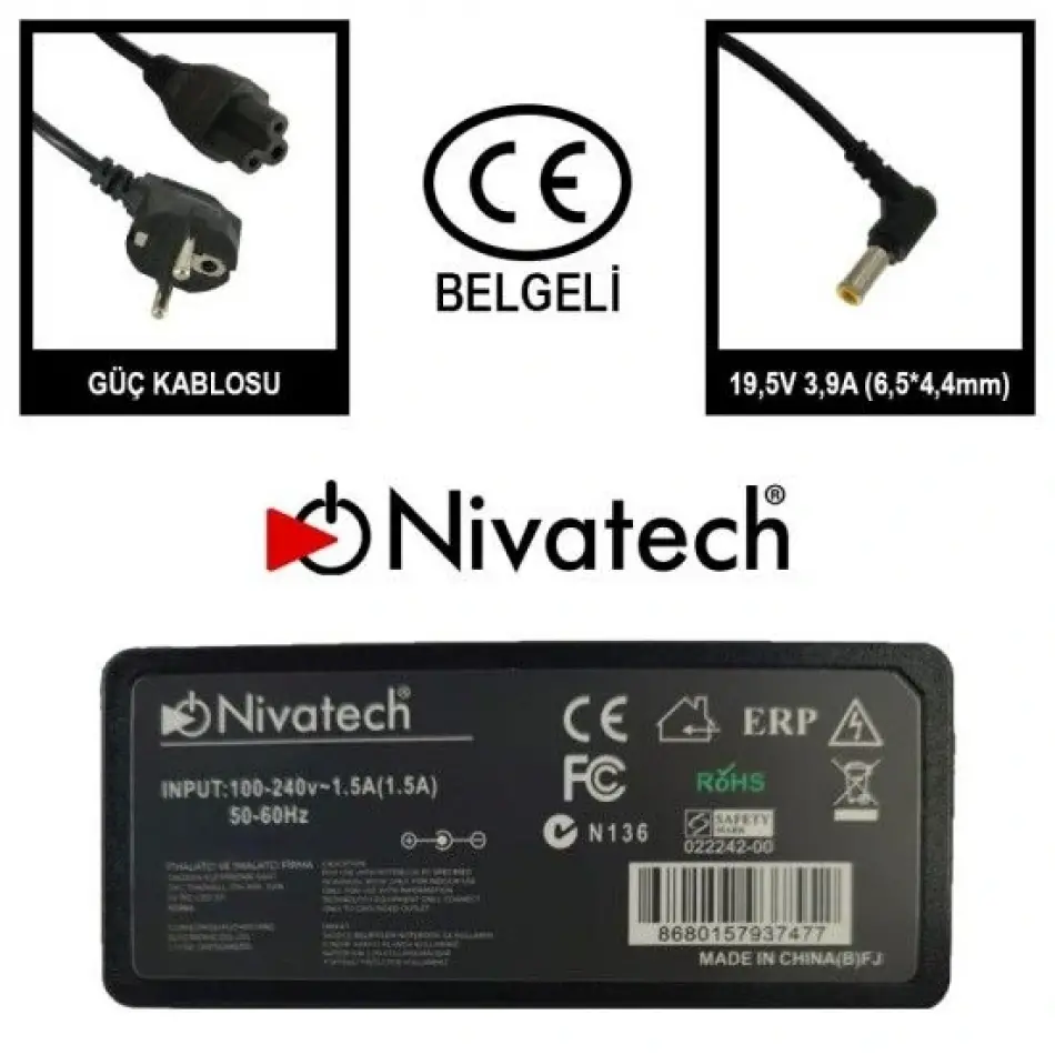 Nivatech Bc992 Standart 19,5v 3,9a (6,5*4,4mm)