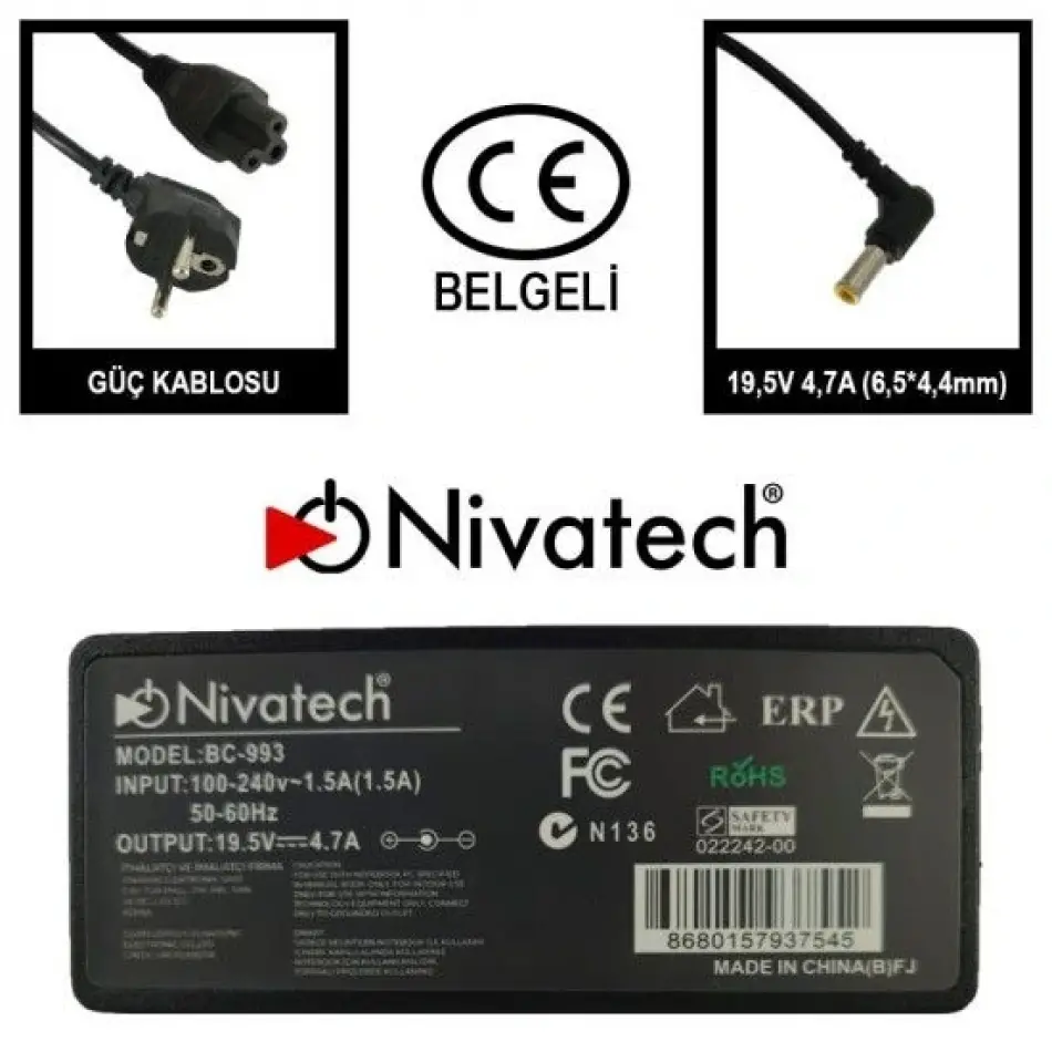 Nivatech Bc993 Standart 19,5v 4,74a (6,5*4,4mm) Ad