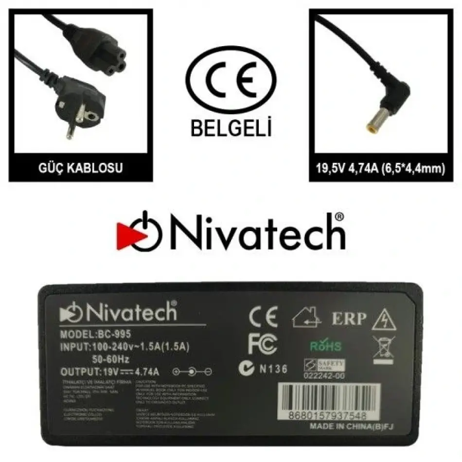 Nivatech Bc995 Sony-lg 19v 4,74a (6,5*4,4mm) Adapt