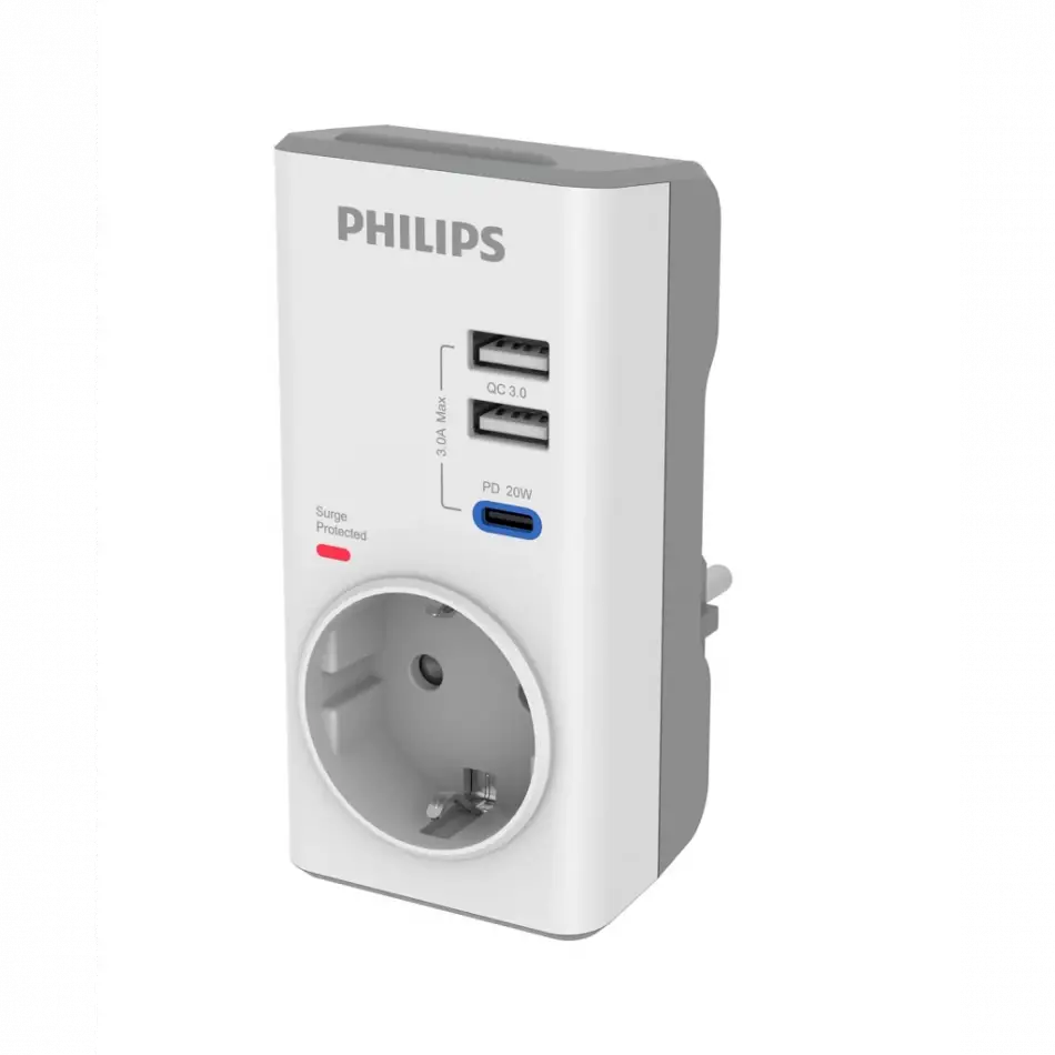 Phılıps Chp8010w/10, Tekli, Akım Korumalı Priz, 380 Joules, Pd 20w Hızlı Şarj, 1xusb-c, 2xusb-a, (beyaz)