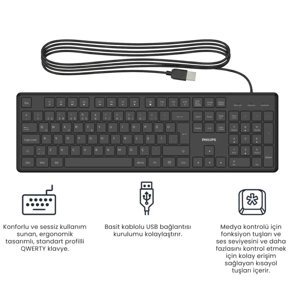 Phılıps Spk6248b, Usb Kablolu, Türkçe Q, Multimedya Klavye (siyah)