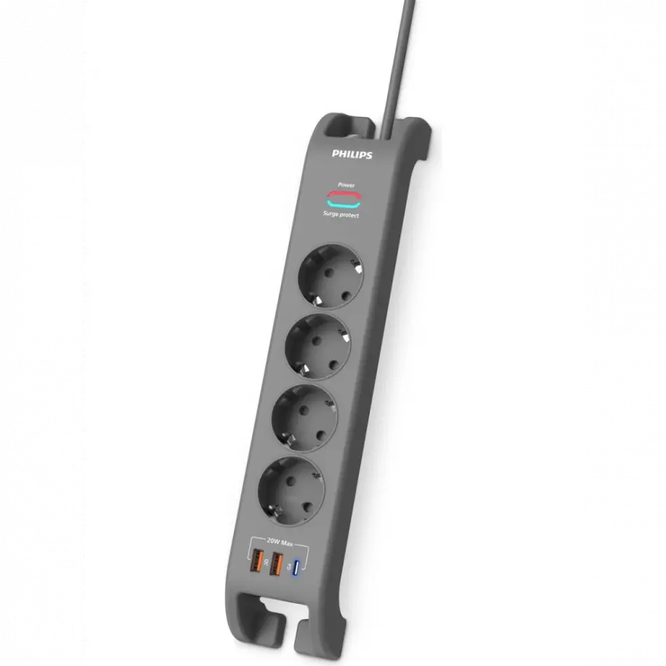 Phılıps Spn4140ga/62, 4 Soket, Akım Korumalı Priz, 2400 Joules, 2mt Kablo, 1xusb-c Pd 20w Hızlı Şarj, 2xusb-a Qc 18w, (gri)