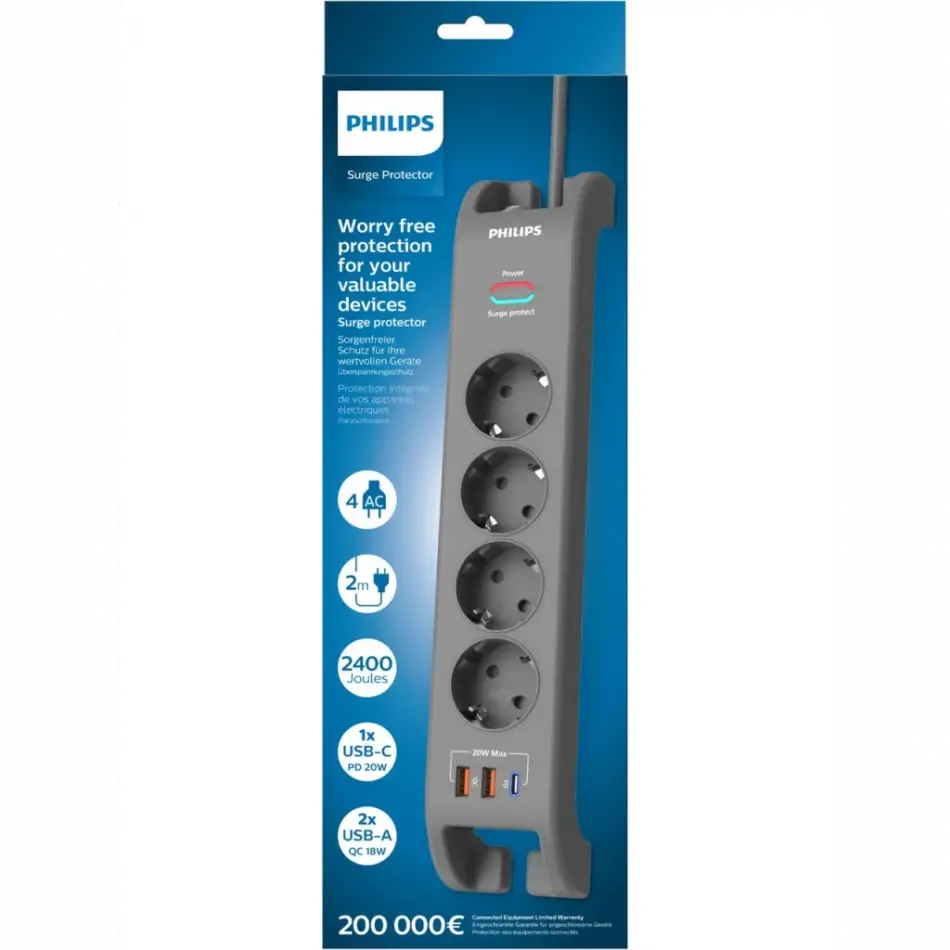 Phılıps Spn4140ga/62, 4 Soket, Akım Korumalı Priz, 2400 Joules, 2mt Kablo, 1xusb-c Pd 20w Hızlı Şarj, 2xusb-a Qc 18w, (gri)