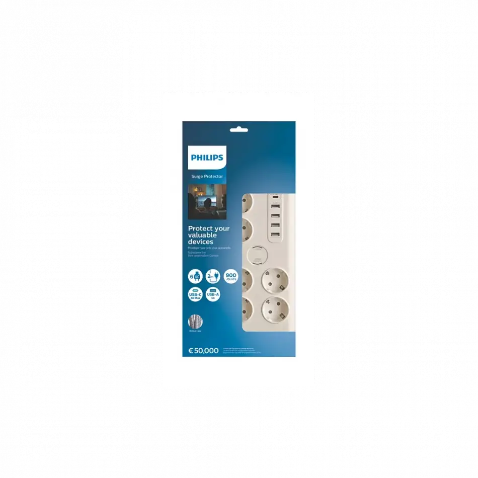 Phılıps Spn7060wa/62, 6 Soket, Akım Korumalı Priz, 900 Joules, 2mt Kablo, 1xusb-c 15w Şarj, 4xusb-a 20w, (beyaz)