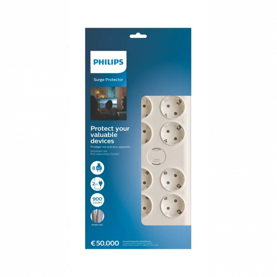 Phılıps Spn7080wa/62, 8 Soket, Akım Korumalı Priz, 900 Joules, 2mt Örgülü Kablo, (beyaz)