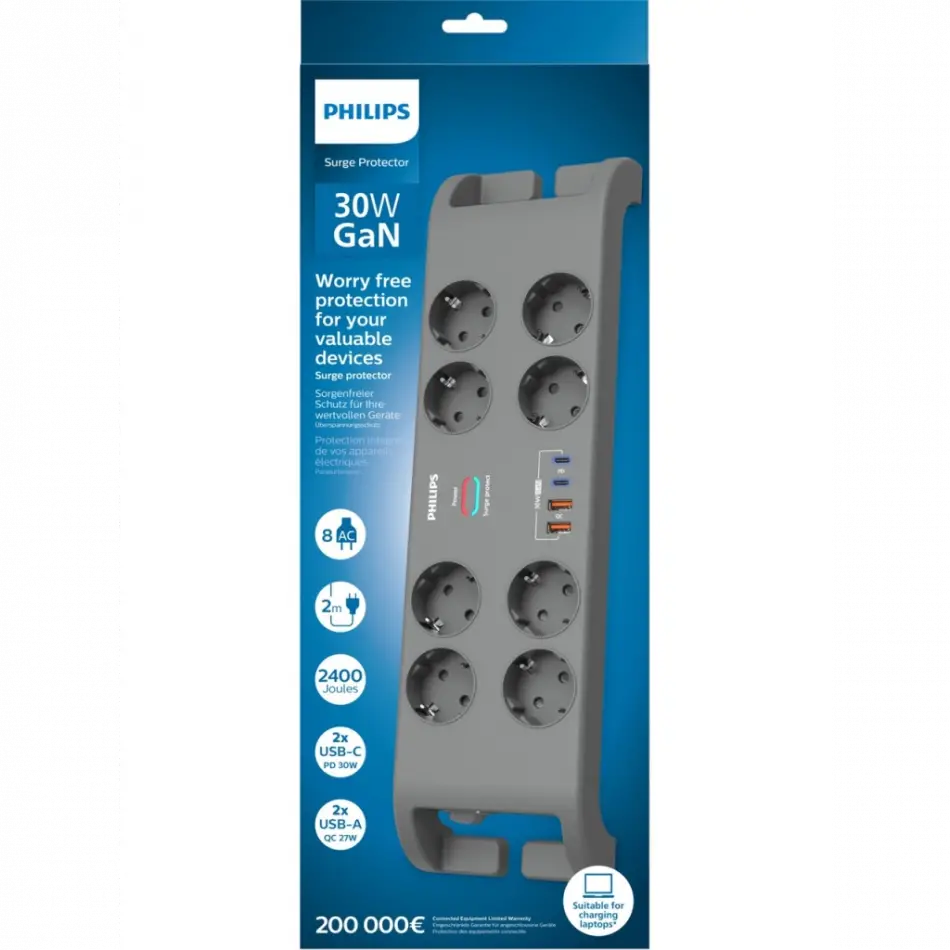Phılıps Spn8180ga/62, 8 Soket, Akım Korumalı Priz, 2400 Joules, 2mt Kablo, 2xusb-c Pd 20w Hızlı Şarj, 2xusb-a Qc 18w, (gri)