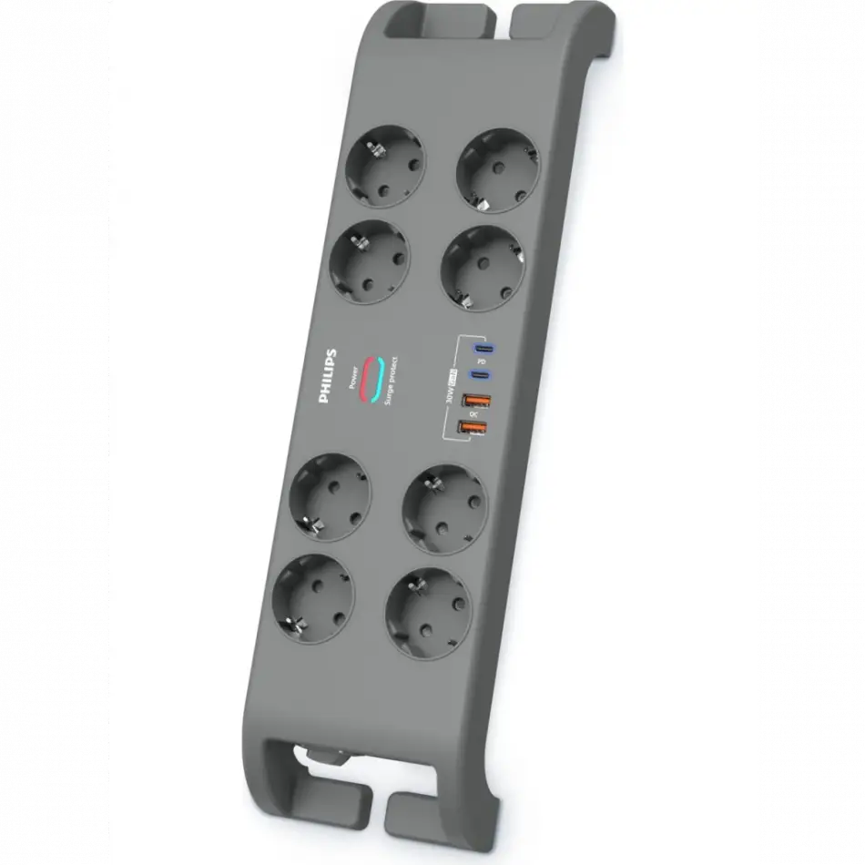 Phılıps Spn8180ga/62, 8 Soket, Akım Korumalı Priz, 2400 Joules, 2mt Kablo, 2xusb-c Pd 20w Hızlı Şarj, 2xusb-a Qc 18w, (gri)