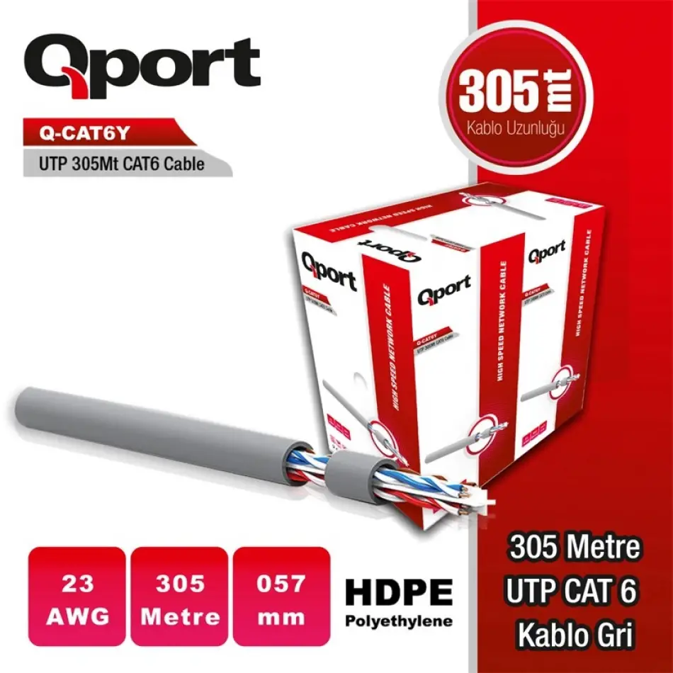 Qport Q-cat6y 305m Utp 0,57mm Cat6 23 Awg Grı Kablo
