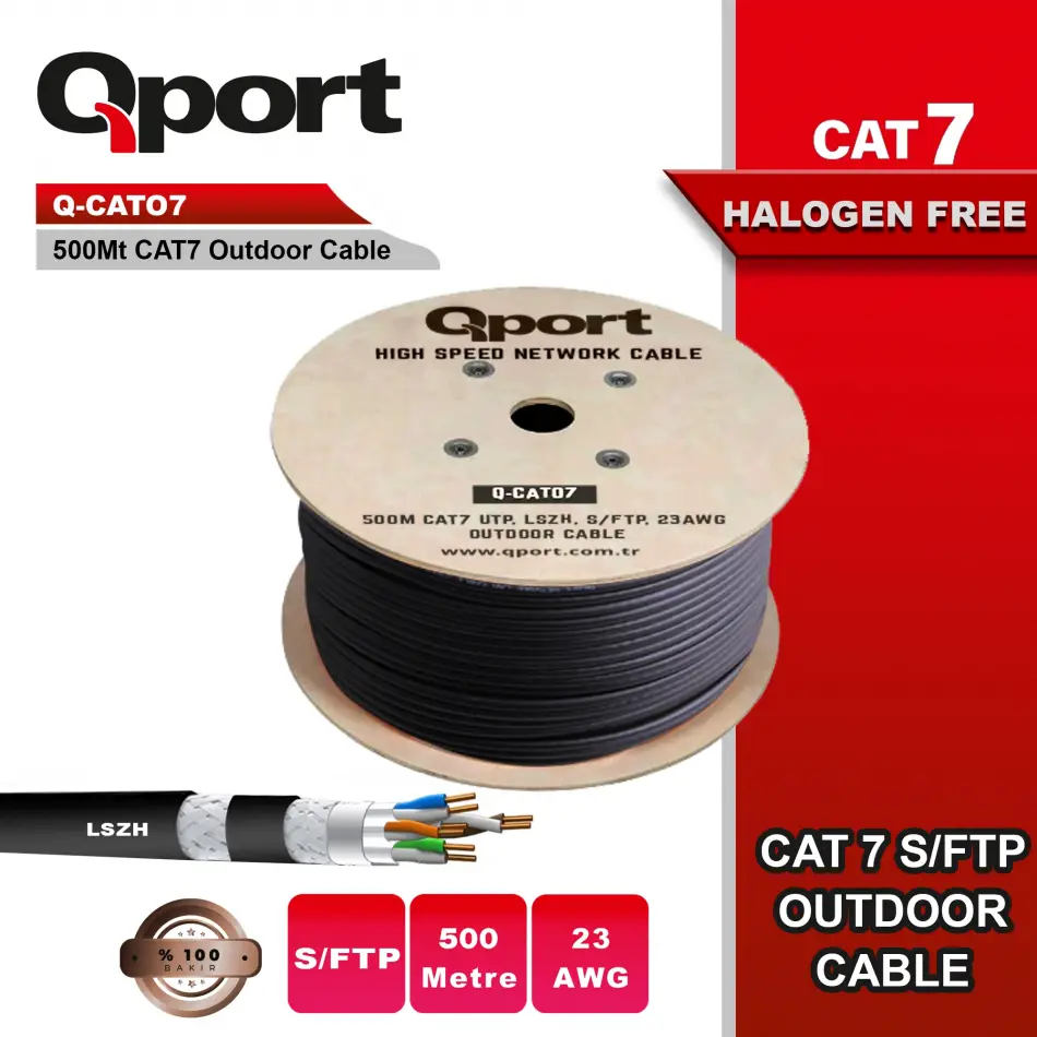 Qport Q-cato7 500m Cat7 Lsoh S/ftp Full Bakır 23awg Siyah Halogen Free Kablo