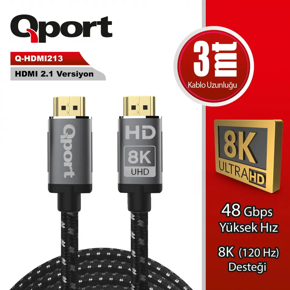 Qport Q-hdmı213 3m Hdmı 2.1v 8k Örgülü Altın Uçlu