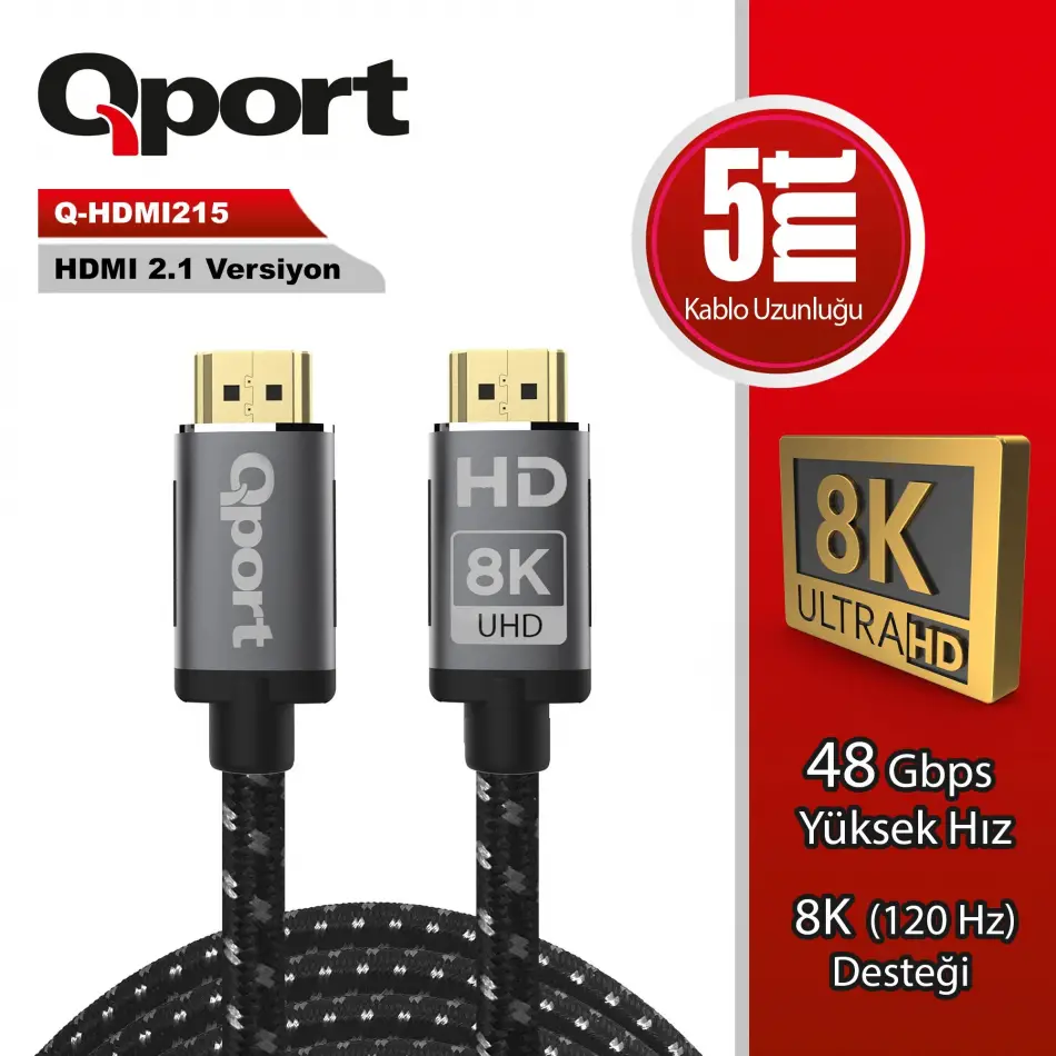 Qport Q-hdmı215 5m Hdmı 2.1v 8k Örgülü Altın Uçlu