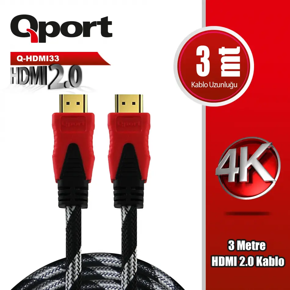 Qport Q-hdmı33 3 Metre 2.0v 4k  Altın Uçlu Örgülü Kablo