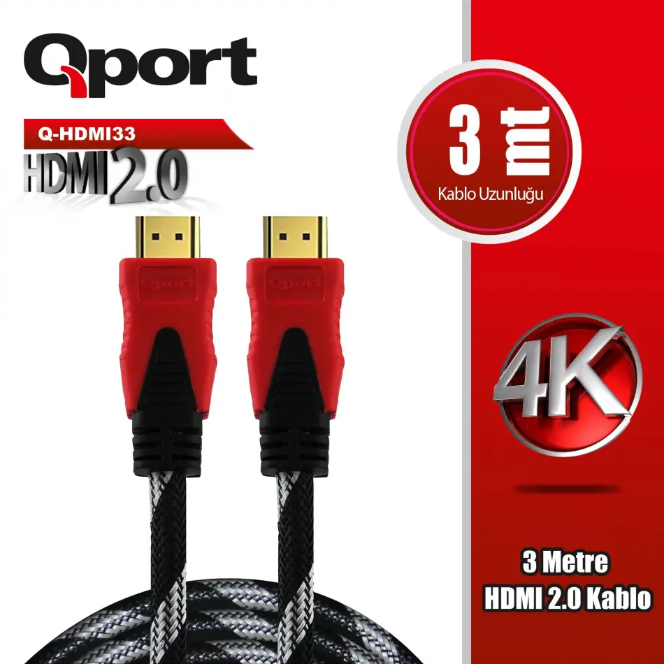 Qport Q-hdmı33  3m 2.0v 4k Altın Uçlu Örgülü Kablo