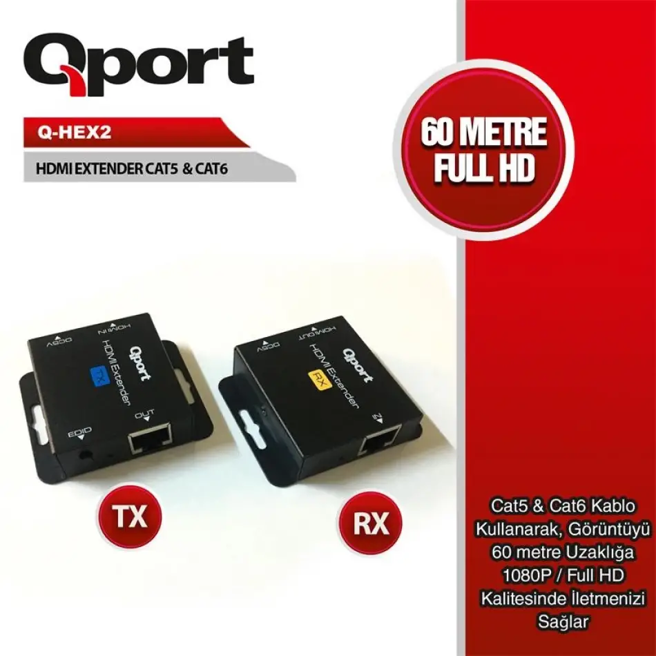 Qport Q-hex2 Hdmı Extender Cat6 60m 2 Li Paket (adaptör Dahil)