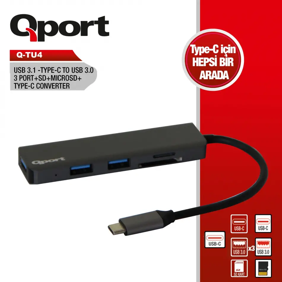 Qport Q-tu4 Tip-c=>usb3.0+sd+msd+tip-c(d)çevirici