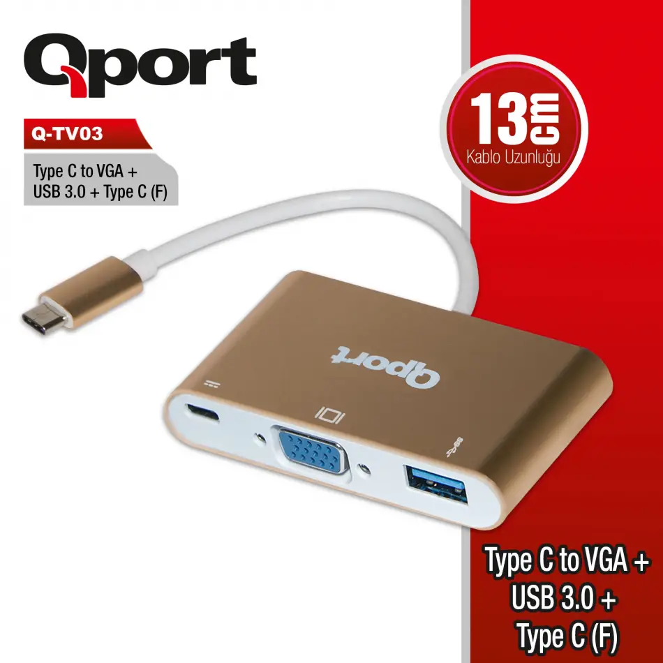 Qport Q-tv03 Type-c To Vga/usb3.0/type-c(f) Fullhd Cevırıcı