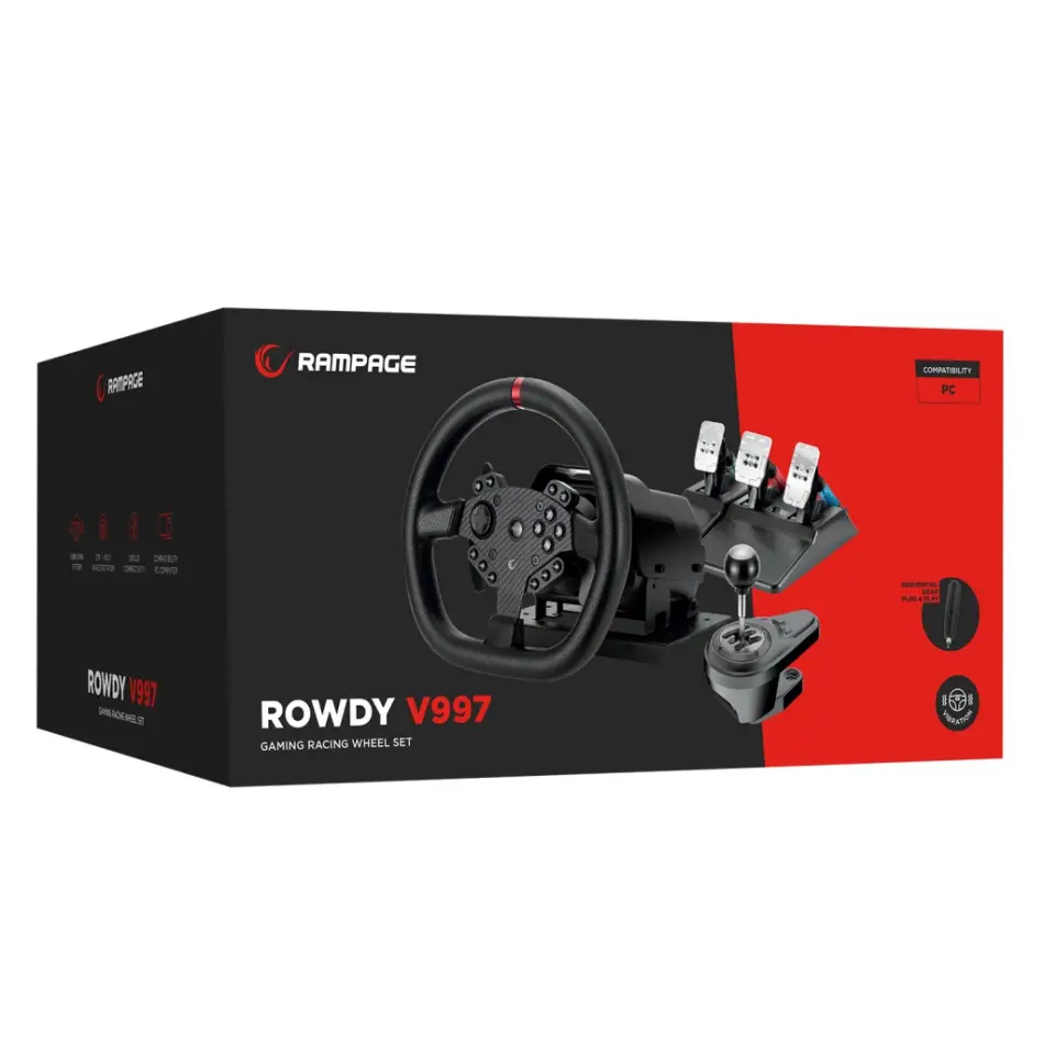 Rampage Rowdy V997 Only, Usb/pc, 3mt Kablolu, Direksiyon, Pedal, Vites, Titreşimli, Gaming Oyuncu Direksiyonu