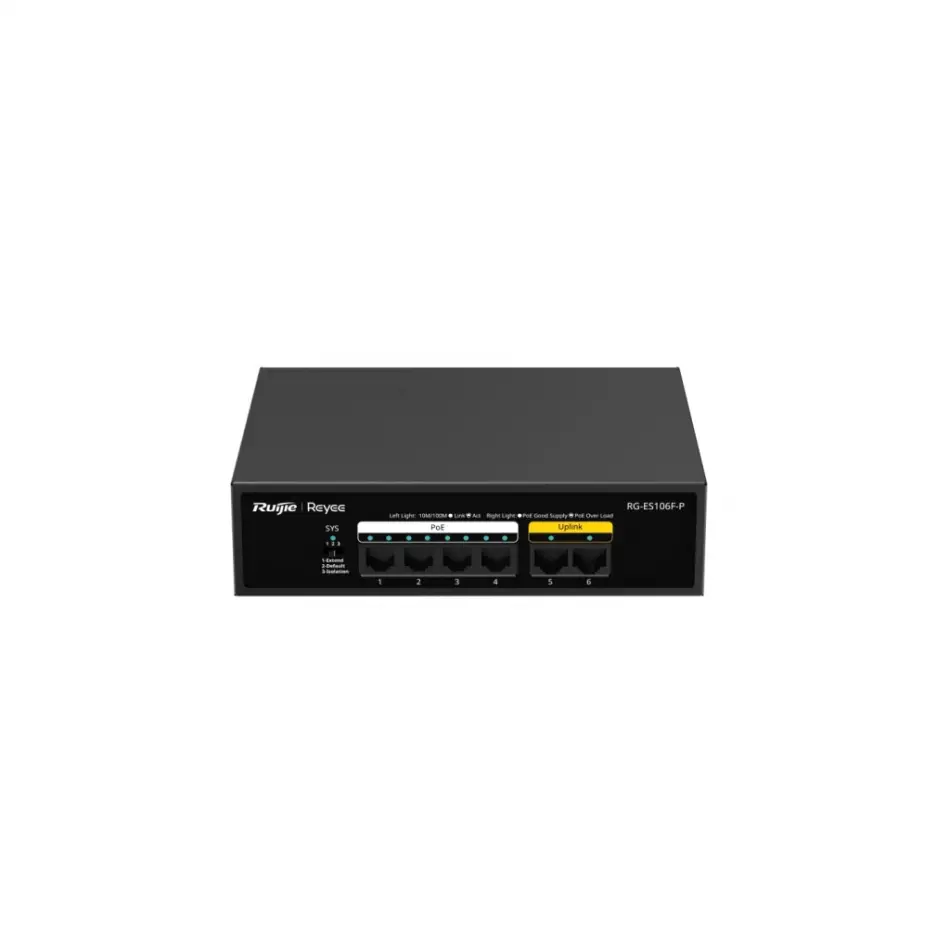 Ruıjıe Reyee Rg-es106f-p 6 Port Megabit Tak Çalıştır Switch, 2 Fast Ethernet Uplink, 4 Port Poe+ (54w)