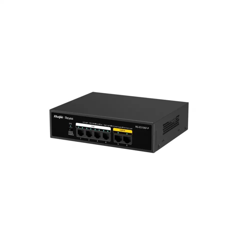 Ruıjıe Reyee Rg-es106f-p 6 Port Megabit Tak Çalıştır Switch, 2 Fast Ethernet Uplink, 4 Port Poe+ (54w)