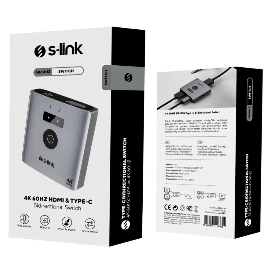 S-lınk Sl-lu602c, 2xhdmı, 1type-c, 4k, 60hz, Monitör Çoklayıcı (1pc-2monitör Veya 2pc- 1monitör) Çift Yönlü Switch