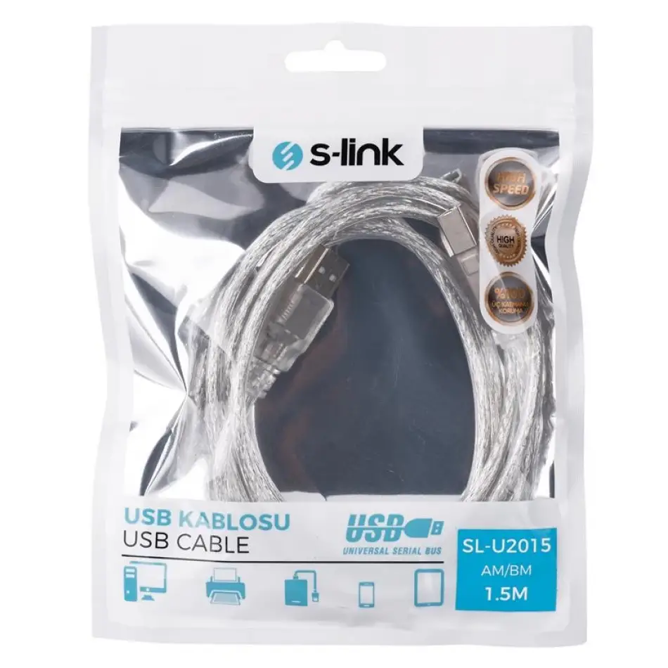 S-lınk Sl-u2015 1,5mt Usb 2.0 Şeffaf Yazıcı Kablosu