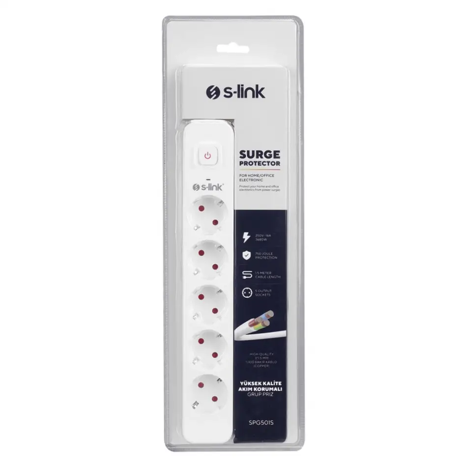 S-lınk Spg501s, 5 Soket, Akım Korumalı Priz, 1.5mt Kablo, 750 Joule (beyaz) %100 Bakır
