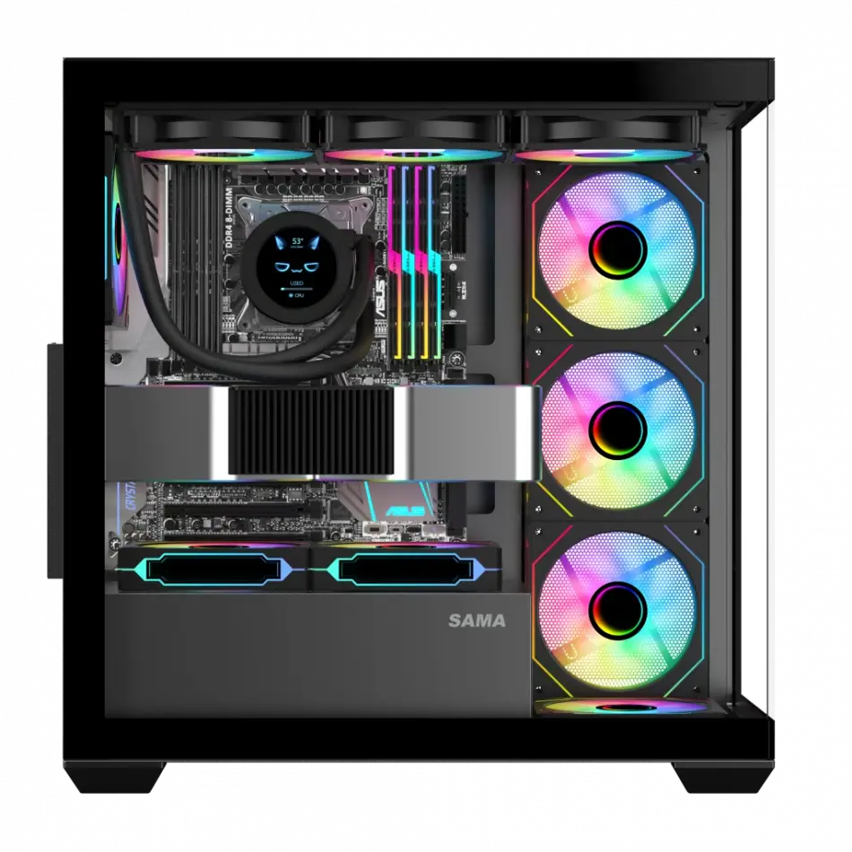 Sama Sv01bk Black, B750bk 750w, 80+ Bronze, Pcıe 5.1, Atx3.1, Tempered Glass Panel, Panoramic Tasarım, Type-c, 4x120mm Argb Fan, Atx, Gamıng Kasa