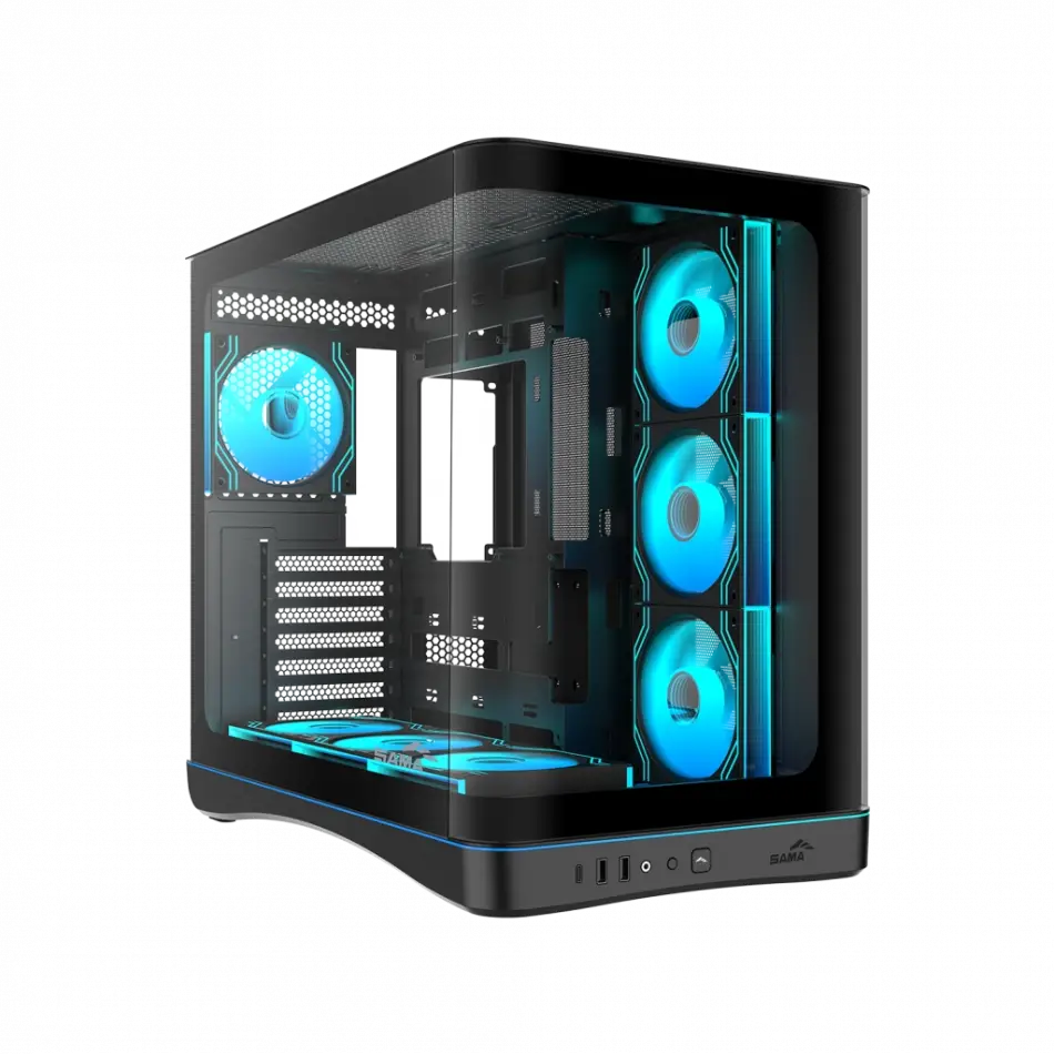 Sama V62bk Black, B850bk 850w, 80+ Bronze, Pcıe 5.1, Atx3.1, Tempered Glass Panel, Panoramic Tasarım, Type-c, 7x120mm Argb Infınıty Fan, Atx, Gamıng Kasa