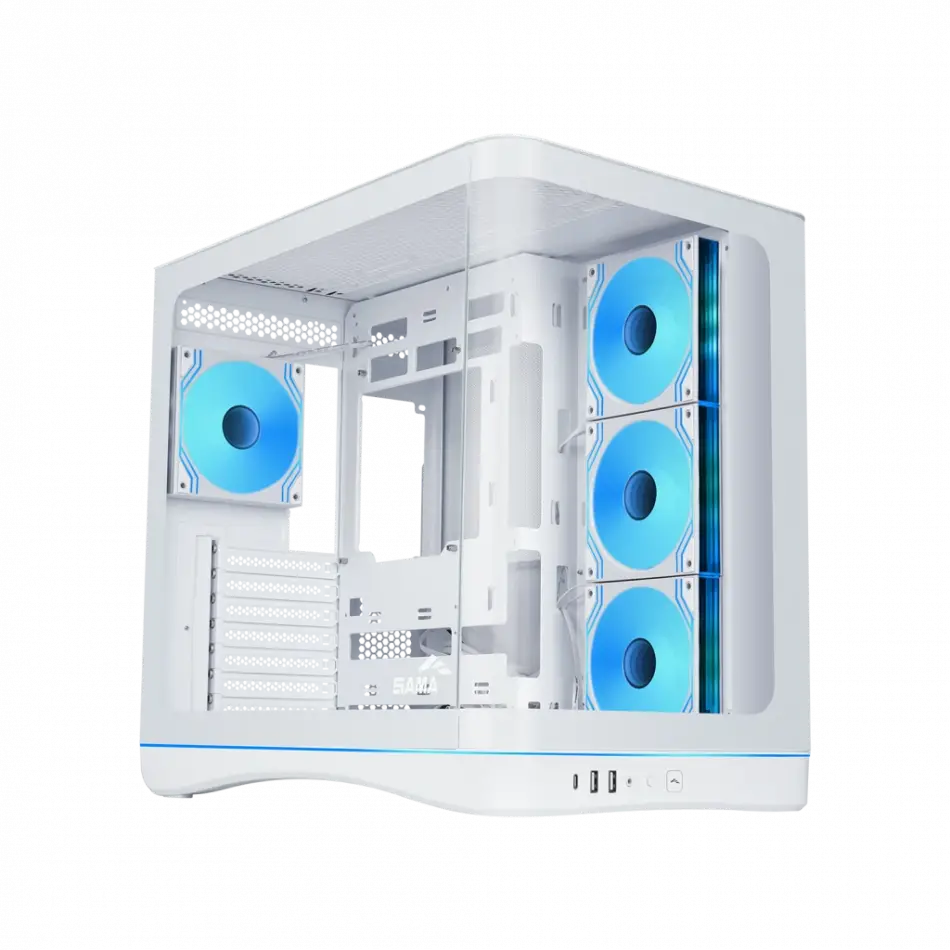 Sama V62wh White, G1000wh 1000w, 80+ Gold, Full Modüler, Pcıe 5.1, Atx3.1, Tempered Glass Panel, Panoramic Tasarım, Type-c, 7x120mm Argb Infınıty Fan, Atx, Gamıng Kasa