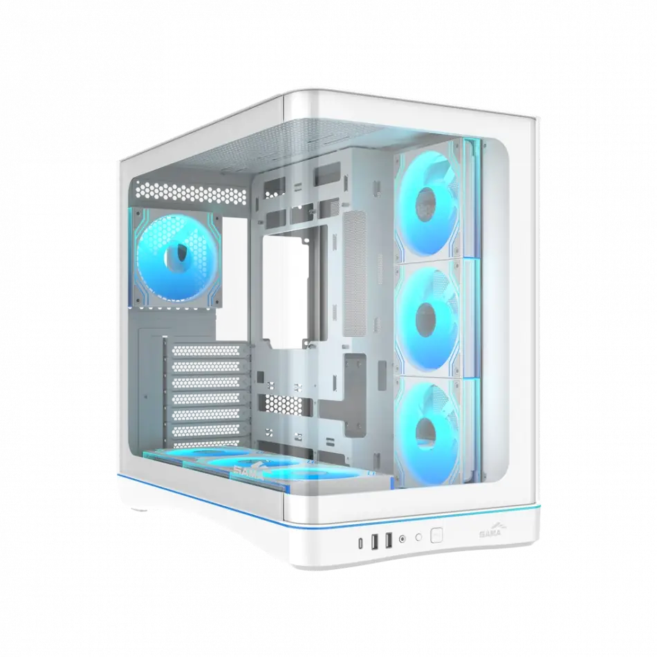 Sama V62wh White, G1000wh 1000w, 80+ Gold, Full Modüler, Pcıe 5.1, Atx3.1, Tempered Glass Panel, Panoramic Tasarım, Type-c, 7x120mm Argb Infınıty Fan, Atx, Gamıng Kasa