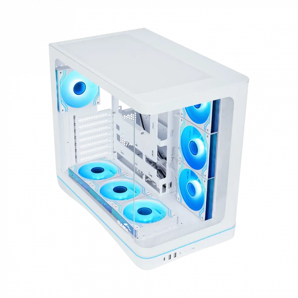 Sama V62wh White, G1000wh 1000w, 80+ Gold, Full Modüler, Pcıe 5.1, Atx3.1, Tempered Glass Panel, Panoramic Tasarım, Type-c, 7x120mm Argb Infınıty Fan, Atx, Gamıng Kasa