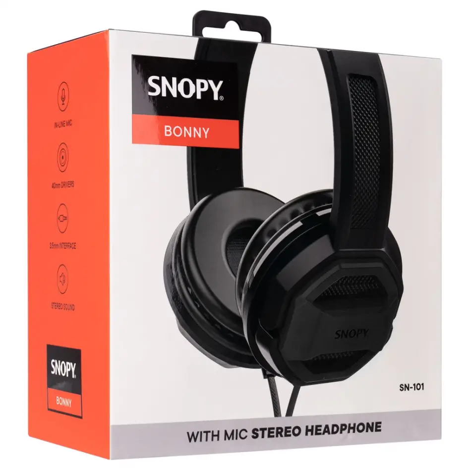 Snopy Sn-101, Bonny, Siyah, Kablolu, 3,5mm Jac, Ayarlanabilir Kafa Bandı, Microfonlu Kulaklık