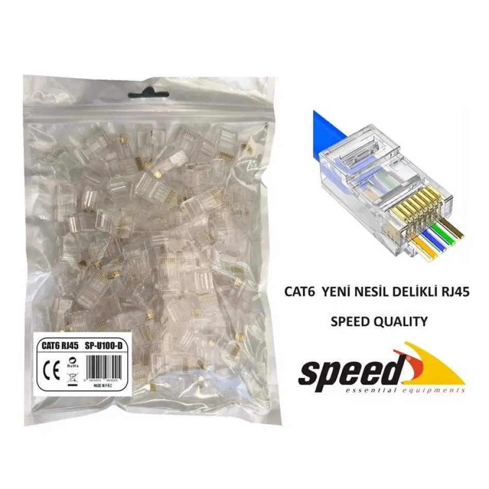 Speed Sp-u100-d Cat6 Yeni Nesil Delikli Ezrj45 Konnektör 100 Adet