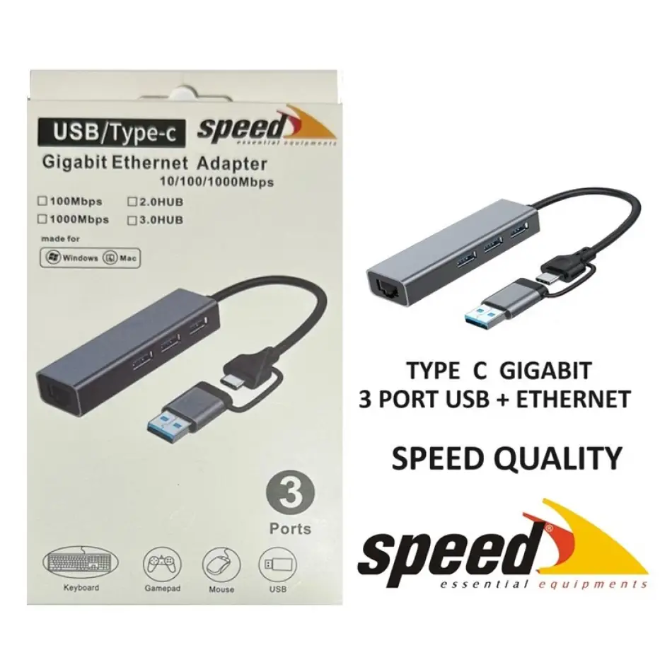 Speed Sp-uet01 Usb3.0/type-c 3 Port Usb 3.0 Çoklayıcı Gıgabıt Ethernet Dönüştürücü
