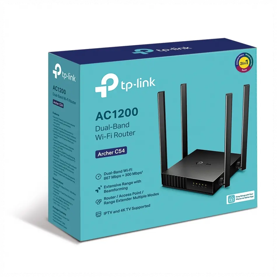 Tp-lınk Archer C54, Ac1200, 4port, 1200mbps, Dual Band Wifi, Masaüstü, Megabit, Router, Access Point, Range Extender