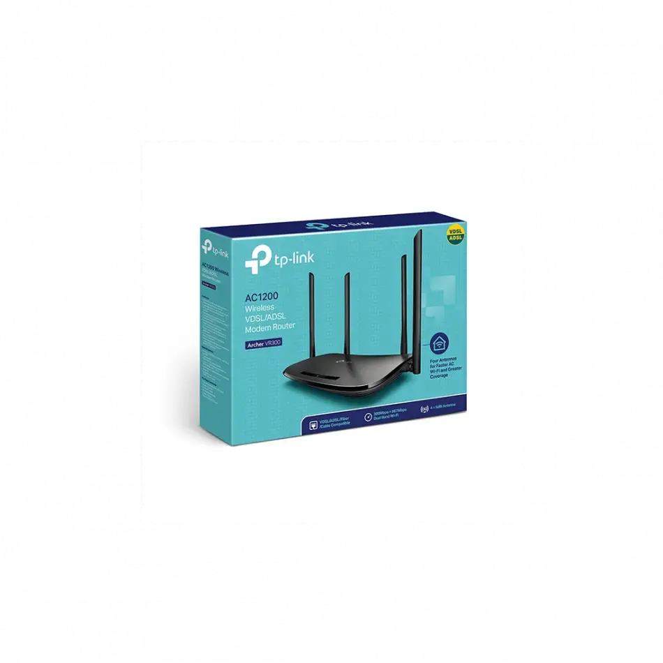 Tp-lınk Archer Vr300 V2, Ac1200, 4port, Dual Band Wifi, 1200mbps, 4xanten, Vdsl,adsl Modem